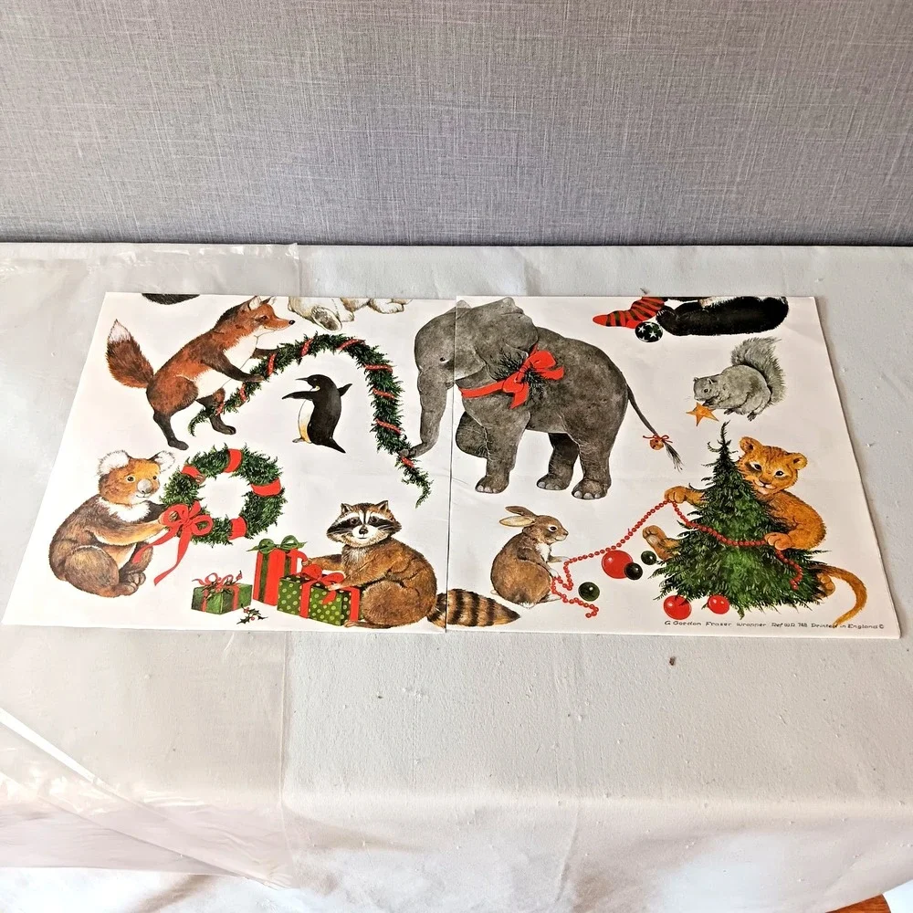 G‎ Gordon Fraser Christmas Gift Wrap Animals Elephant Panda Koala 20x28 Vintage